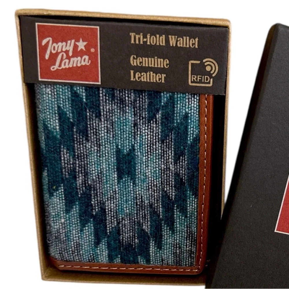 New Tony Lama Tri-Fold Wallet RFID Blue Aztec Canvas Leather Cowboy Western